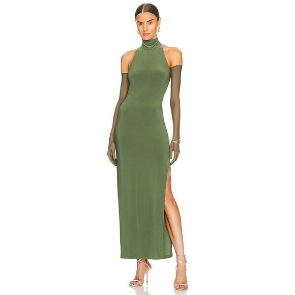 Norma Kamali Halter Turtle Side Slit Gown in Celadon Green - Picture 1 of 4
